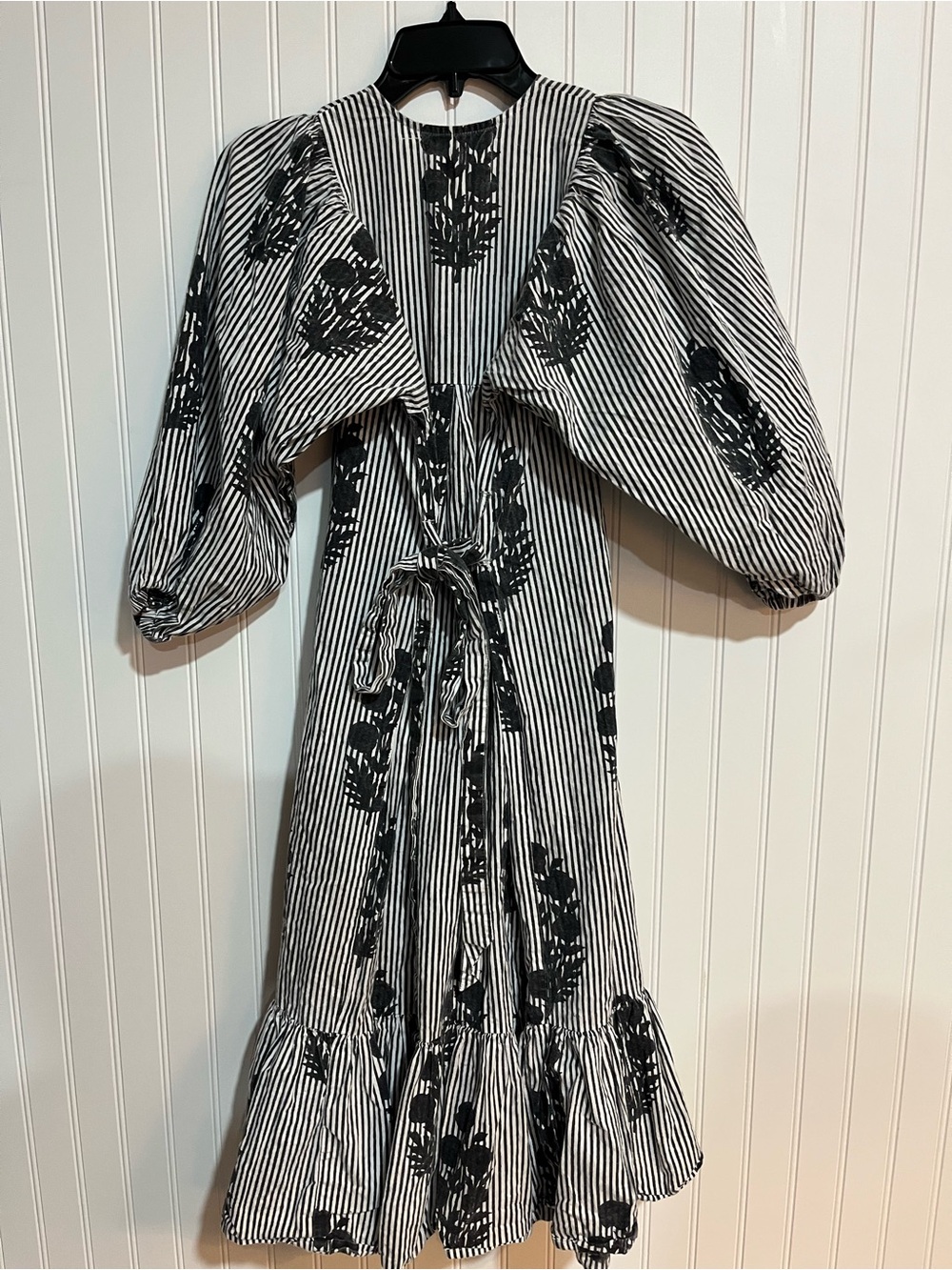 Striped Black and White Floral Tie-Waist Midi Dress - Picture 6 of 7